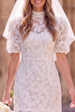 Bodycon Lace Illusion Neck Beaded Puff Sleeve White Mini Engagement Dress