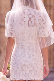 Bodycon Lace Illusion Neck Beaded Puff Sleeve White Mini Engagement Dress