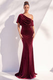 Velvet Asymmetrical Neck Mermaid Burgundy Long Formal Dress