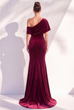 Velvet Asymmetrical Neck Mermaid Burgundy Long Formal Dress