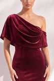 Velvet Asymmetrical Neck Mermaid Burgundy Long Formal Dress