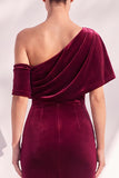 Velvet Asymmetrical Neck Mermaid Burgundy Long Formal Dress