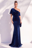 Velvet Asymmetrical Neck Mermaid Burgundy Long Formal Dress