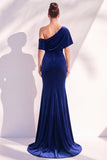 Velvet Asymmetrical Neck Mermaid Burgundy Long Formal Dress