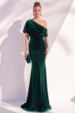 Velvet Asymmetrical Neck Mermaid Burgundy Long Formal Dress