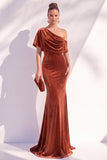 Velvet Asymmetrical Neck Mermaid Burgundy Long Formal Dress