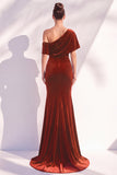 Velvet Asymmetrical Neck Mermaid Burgundy Long Formal Dress