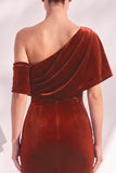 Velvet Asymmetrical Neck Mermaid Burgundy Long Formal Dress