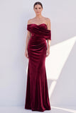 Off The Shoulder Velvet Mermaid Burgundy Long Formal Dress