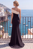 One Shoulder Mermaid Black Long Formal Dress With Slit