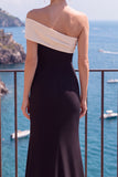 One Shoulder Mermaid Black Long Formal Dress With Slit