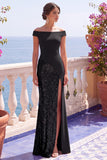 Sparkly Off The Shoulder Sheath Long Black Formal Dress With Slit