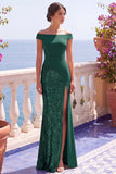 Sparkly Off The Shoulder Sheath Long Black Formal Dress With Slit