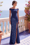 Sparkly Off The Shoulder Sheath Long Black Formal Dress With Slit