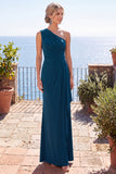 Ruched Sheath One Shoulder Peacock Long Formal Dress