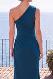 Ruched Sheath One Shoulder Peacock Long Formal Dress