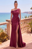 Asymmetrical Neck Burgundy Satin Mermaid Formal Dress With Slit