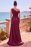 Asymmetrical Neck Burgundy Satin Mermaid Formal Dress With Slit