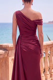 Asymmetrical Neck Burgundy Satin Mermaid Formal Dress With Slit