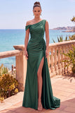 Asymmetrical Neck Burgundy Satin Mermaid Formal Dress With Slit