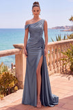 Asymmetrical Neck Burgundy Satin Mermaid Formal Dress With Slit