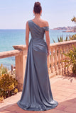Asymmetrical Neck Burgundy Satin Mermaid Formal Dress With Slit