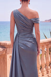 Asymmetrical Neck Burgundy Satin Mermaid Formal Dress With Slit