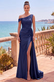 Asymmetrical Neck Burgundy Satin Mermaid Formal Dress With Slit