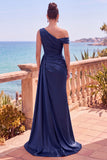 Asymmetrical Neck Burgundy Satin Mermaid Formal Dress With Slit