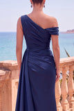 Asymmetrical Neck Burgundy Satin Mermaid Formal Dress With Slit