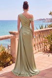Asymmetrical Neck Burgundy Satin Mermaid Formal Dress With Slit