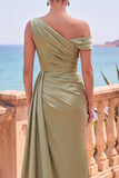 Asymmetrical Neck Burgundy Satin Mermaid Formal Dress With Slit