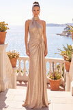 Halter Ruched Cut Out Champagne Long Formal Dress
