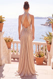 Halter Ruched Cut Out Champagne Long Formal Dress