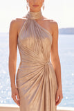 Halter Ruched Cut Out Champagne Long Formal Dress