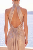 Halter Ruched Cut Out Champagne Long Formal Dress