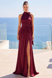 High Neck Mermaid Satin Burgundy Long Formal Dress With Slit
