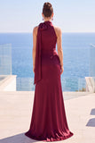 High Neck Mermaid Satin Burgundy Long Formal Dress With Slit