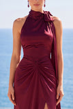 High Neck Mermaid Satin Burgundy Long Formal Dress With Slit