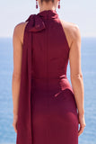 High Neck Mermaid Satin Burgundy Long Formal Dress With Slit