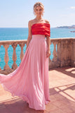 One Shoulder Color Block Pink A Line Long Formal Dress