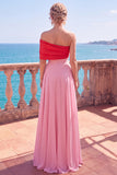 One Shoulder Color Block Pink A Line Long Formal Dress