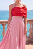 One Shoulder Color Block Pink A Line Long Formal Dress