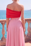 One Shoulder Color Block Pink A Line Long Formal Dress