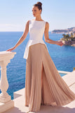 Pleated Bateau Neck Champagne A Line Long Formal Dress With Slit