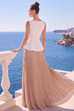 Pleated Bateau Neck Champagne A Line Long Formal Dress With Slit