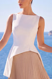 Pleated Bateau Neck Champagne A Line Long Formal Dress With Slit