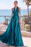 Halter Metallic A Line Blue Ruched Long Evening Dress