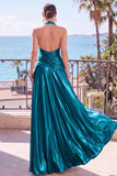 Halter Metallic A Line Blue Ruched Long Evening Dress