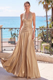 Halter Metallic A Line Blue Ruched Long Evening Dress